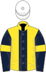 Yellow, dark blue stripe, dark blue sleeves, yellow armlets, white cap