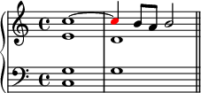  \new PianoStaff << \new Staff << \new Voice \relative c'' { \stemUp \clef treble \key c \major \time 4/4 c1^~ \once \override NoteHead.color = #red c4 b8 a b2 } \new Voice \relative c' { \stemDown e1 d } >> \new Staff << \new Voice \relative c' { \clef bass \key c \major \time 4/4 \stemUp g1 s } \new Voice \relative c { \clef bass \key c \major \time 4/4 \stemDown c1 g' \bar "||" } >> >> 
