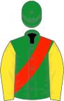 Forest Green, yellow sleeves, scarlet sash