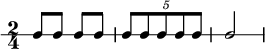  \new RhythmicStaff { \clef percussion \time 2/4 \set Score.tempoHideNote = ##t \tempo 4 = 100 c8 c c c \tuplet 5/4 { c8 c c c c } c2 } 