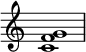  { \override Score.TimeSignature #'stencil = ##f \relative c' { \clef treble \time 4/4 \key c \major <c f g>1 } } 