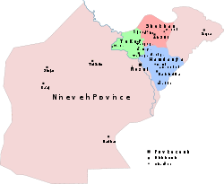 Map of the three districts which constitute Nineveh plains overlaid over the Nineveh Governorate map.