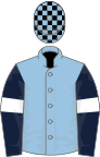Light blue, dark blue sleeves, white armlets, black and light blue checked cap
