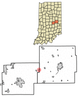 Location of Shirley in Hancock County and Henry County, Indiana.