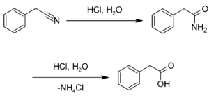 Synthesis of phenylacetic acid from benzyl cyanide.png