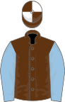 Brown, light blue sleeves, brown and white quartered cap