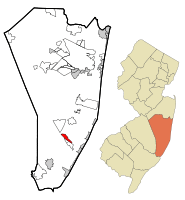 Map of Manahawkin CDP in Ocean County. Inset: Location of Ocean County in New Jersey.