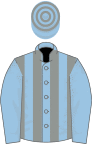 Light blue and grey stripes, light blue sleeves, hooped cap