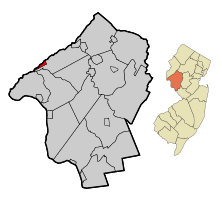 Map of Bloomsbury in Hunterdon County. Inset: Location of Hunterdon County highlighted in the State of New Jersey.