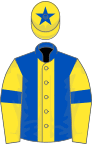 Royal blue, yellow stripe, yellow sleeves, royal blue armlets and star on yellow cap