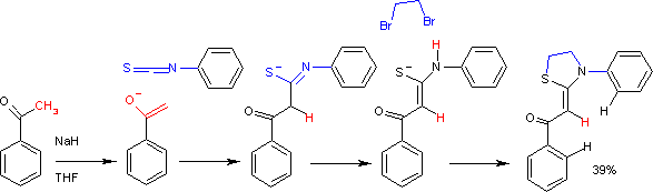 The reaction of acetophenone enolate with phenyl isothiocyanate. In this one-pot synthesis [6] the ultimate reaction product is a Thiazolidine. This reaction is stereoselective with the formation of the Z-isomer only.