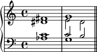  { \new PianoStaff << \new Staff << \new Voice \relative c' { \clef treble \key c \major \time 4/4 \voiceOne fis1 g } \new Voice \relative c' { \clef treble \key c \major \time 4/4 \voiceTwo dis1 e2 d } >> \new Staff << \new Voice \relative c' { \clef bass \key c \major \time 4/4 \voiceOne c1 c2 b } \new Voice \relative c' { \clef bass \key c \major \time 4/4 \voiceTwo aes1 g \bar "||" } >> >> } 