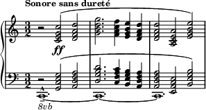 { #(set-global-staff-size 16) \new PianoStaff << \new Staff << \relative c' { r2 <c e g c>(\ff <d f a d> <g b d g>2. <f a c f>4 <e g b e> <d f a d> <d f a d>2 <a c e a> <e' g b e>2) } >> \new Staff << \new Voice \relative c { \stemUp \clef bass \key c \major \time 3/2 \tempo "Sonore sans dureté" r2 <g c e g>^( <a d f a> <d g b d>2. <c f a c>4 <b e g b> <a d f a> <a d f a>2 <e a c e> <b' e g b>) } \new Voice \relative c, { \stemDown c1.-^_--~_\markup { \italic "8vb" } c~ c } >> >> } 