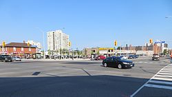 At the original corners of the settlement, Dundas Street and Hurontario Street, looking south-east (the McClelland-Copeland building seen in the left of the image)