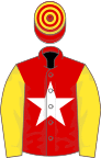 Red, white star, yellow sleeves, red and yellow hooped cap