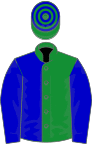 Green and blue (halved), blue sleeves, hooped cap