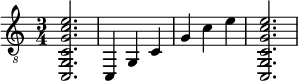  { \clef "treble_8" \time 3/4 <c, g, c g c' e'>2. <c, >4 <g, >4 <c >4 <g >4 <c' >4 <e' >4 <c, g, c g c' e'>2. } 