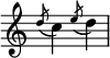  { { \override Score.TimeSignature #'stencil = ##f \relative c'' { \time 2/4 \slashedGrace { d8( } c4) \slashedGrace { e8( } d4) } } } 
