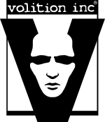 The letter "V" is displayed in black, with a white, male face shown in its center. The V breaks out of a black, hollow rectangle to the sides and the bottom, while the unbroken top side of the box reads "Volition Inc".