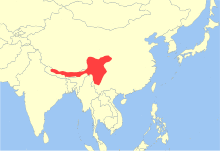 Map showing the range of the red pandas