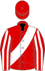 Red, white sash, striped sleeves