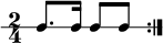  \new RhythmicStaff { \clef percussion \time 2/4 \repeat volta 2 { c8. c16 c8[ c] } } 