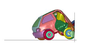Screenshot from LS-PrePost showing the results of an LS-DYNA simulation of a Geo Metro impacting a rigid wall at 120 kilometres per hour (75 mph)