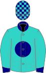 Turquoise, navy blue disc, collar and cuffs, check cap