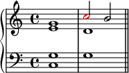  \new PianoStaff << \new Staff << \new Voice \relative c'' { \stemUp \clef treble \key c \major \time 4/4 g1 \once \override NoteHead.color = #red c2 b } \new Voice \relative c' { \stemDown e1 d } >> \new Staff << \new Voice \relative c' { \clef bass \key c \major \time 4/4 \stemUp g1 s } \new Voice \relative c { \clef bass \key c \major \time 4/4 \stemDown c1 g' \bar "||" } >> >> 