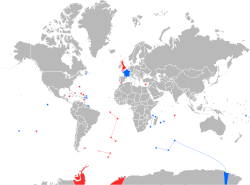 Map indicating locations of France and the UK as well as their overseas territories