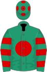 Emerald green, red disc, hooped sleeves and spots on cap