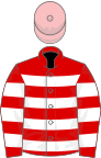 Red, white hoops, pink cap