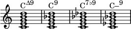 { \override Score.TimeSignature #'stencil = ##f \relative c' { \clef treble \time 4/4 \key c \major <c e g b d>1^\markup { \concat { "C" \raise #1 \small "Δ9" } } <c e g bes d>^\markup { \concat { "C" \raise #1 \small "9" } } <c e g bes des>^\markup { \concat { "C" \raise #1 \small "7♭9" } } <c es g bes d>^\markup { \concat { "C–" \raise #1 \small "9" } } } }