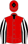 Red, black and white striped sleeves, red cap, black diamond