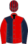 Red and dark blue halved, slvs reversed, striped cap