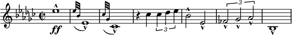  { \new PianoStaff << \new Staff \relative es'' { \set Staff.midiInstrument = #"piano" \key es \minor \clef treble \time 2/2 \set Score.tempoHideNote = ##t \tempo 2 = 50 es1 \ff ^^ | % 2 \acciaccatura { es32 bes32 } es,1 _^ | % 3 \acciaccatura { ces'32 ges32 } ces,1 _^ | % 4 r4 ces'4 \times 2/3 { ces4 des4 es4 } | % 5 bes2 ^^ es,2 _^ | % 6 \times 2/3 { fes2 _^ ges2 _^ as2 _^ } | % 7 bes,1 _^ } >> } 