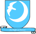 A coat of arms showing a white falcon flying out of a white moon on a sky blue field