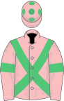 Pink, emerald green cross belts, armlets and spots on cap