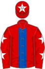 Red, royal blue stripe, red sleeves, white stars, red cap, white star