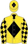 Yellow, black diamond, diamonds on sleeves, yellow cap, black diamond