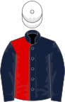 Dark blue and red (halved), dark blue sleeves, white cap