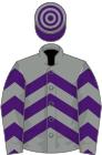 Grey, purple chevrons, purple and grey hooped cap