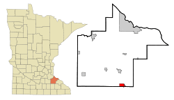 Location of Pine Island within Goodhue and Olmsted Counties in the state of Minnesota