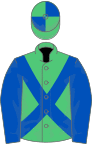 Emerald green, royal blue cross sashes, royal blue sleeves, quartered cap