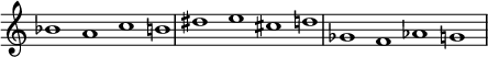  { \override Score.TimeSignature #'stencil = ##f \override Score.SpacingSpanner.strict-note-spacing = ##t \set Score.proportionalNotationDuration = #(ly:make-moment 3/2) \relative c'' { \time 4/1 \set Score.tempoHideNote = ##t \tempo 1 = 60 bes1 a c b! dis e cis d ges, f aes g } } 