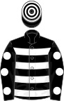 Black, white hoops, spots on sleeves, hooped cap