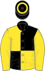 Black and yellow quartered, yellow sleeves, black cap, yellow hoop