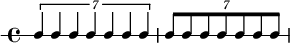  \new RhythmicStaff { \clef percussion \time 4/4 \set Score.tempoHideNote = ##t \tempo 4 = 100 \tuplet 7/4 { c4 c c c c c c } \tuplet 7/8 { c8 c c c c c c } } 