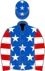Royal blue, white stars, red and white hooped sleeves