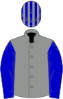 Grey, blue sleeves, striped cap